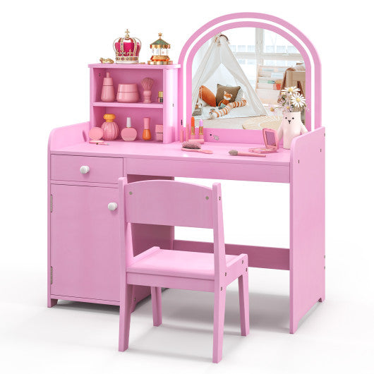 Kids Vanity Table and Chair Set with Shelves Drawer and Cabinet-Pink