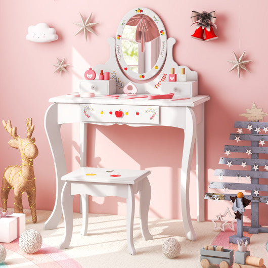 Kids Vanity and Stool Set with 360¡ã Rotatable Mirror and Whiteboard-White