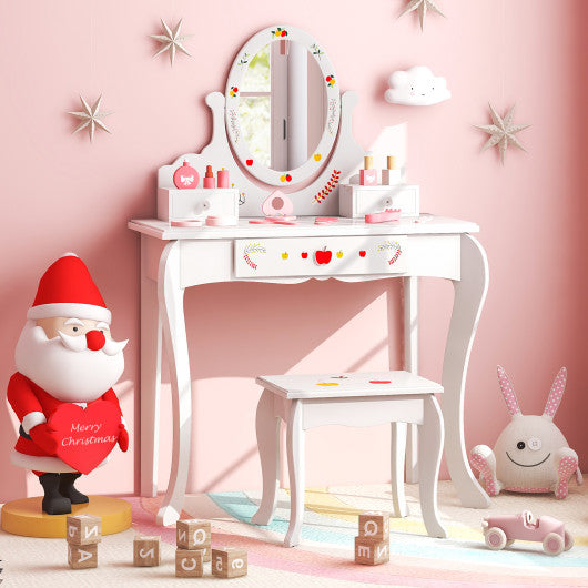 Kids Vanity and Stool Set with 360¡ã Rotatable Mirror and Whiteboard-White