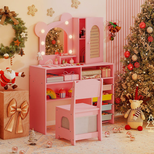 Kids Vanity with Lights and 5 Drawers for Kids Aged 3+ Years Old-Pink