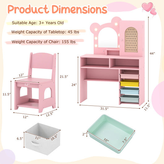 Kids Vanity with Lights and 5 Drawers for Kids Aged 3+ Years Old-Pink