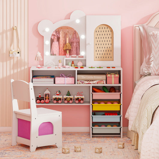 Kids Vanity with Lights and 5 Drawers for Kids Aged 3+ Years Old-White