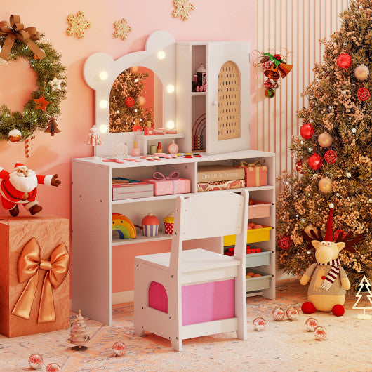 Kids Vanity with Lights and 5 Drawers for Kids Aged 3+ Years Old-White
