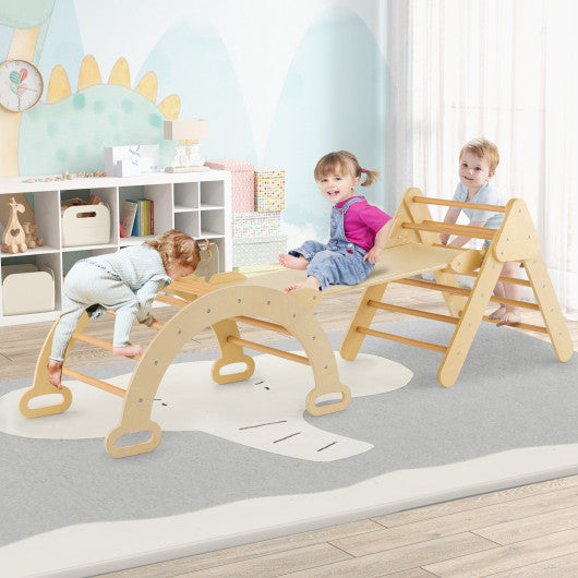 5-in-1 Wooden Kids Climber Toys with Triangle Arch Ramp-Natural
