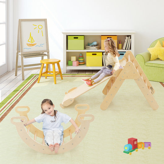5-in-1 Wooden Kids Climber Toys with Triangle Arch Ramp-Natural