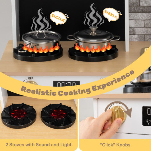 Kids Wooden Kitchen Playset with Stoves Sound Light for 3+ Years Old-White