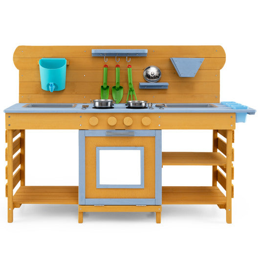 Kids Wooden Mud Kitchen with 2 Sinks and 4 Stoves-Natural