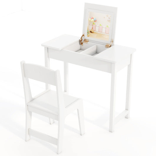 2-in-1 Kids Vanity Makeup Table and Chair Set with Flip Top Mirror-White