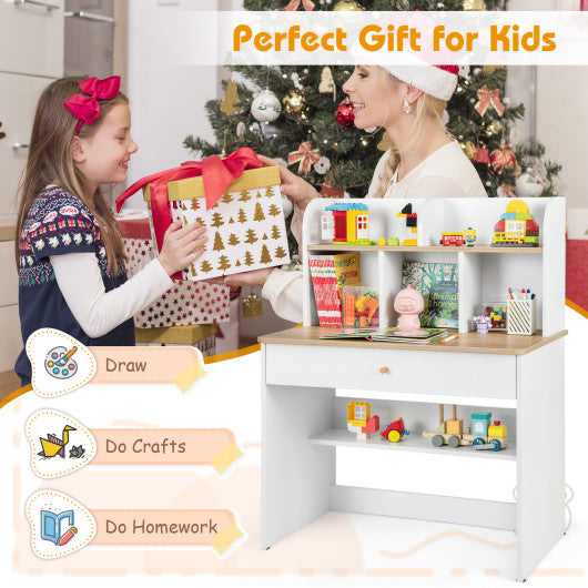 Kids Wooden Study Desk Writing Table with Hutch and Drawer