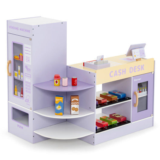 Kids Wooden Supermarket Play Toy Set with Checkout Counter-Purple