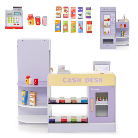 Kids Wooden Supermarket Play Toy Set with Checkout Counter-Purple