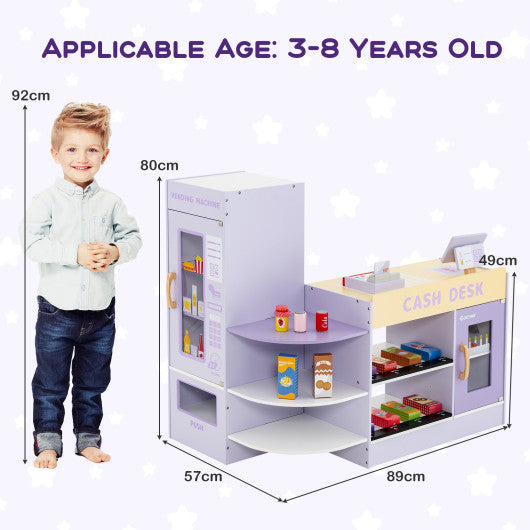 Kids Wooden Supermarket Play Toy Set with Checkout Counter-Purple