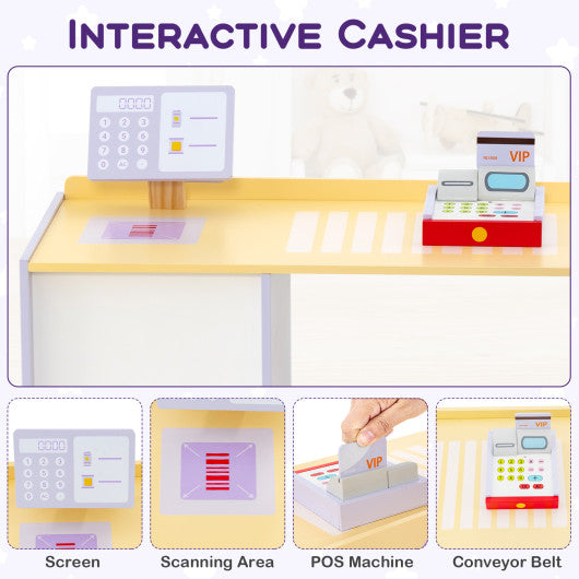 Kids Wooden Supermarket Play Toy Set with Checkout Counter-Purple