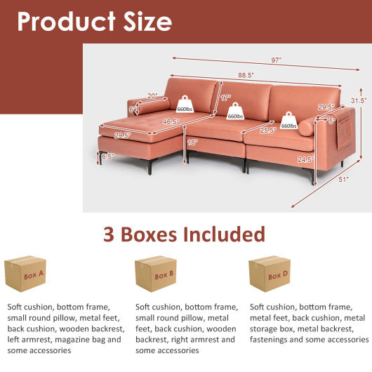 L-shaped Sectional Sofa with Reversible Chaise and 2 USB Ports-Pink