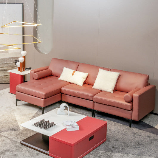 L-shaped Sectional Sofa with Reversible Chaise and 2 USB Ports-Pink