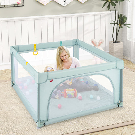 Large Kids Activity Center Baby Playpen for Toddlers with 4 Pull Rings-Blue