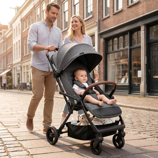 Lightweight Baby Stroller with One-Hand Folding and Adjustable Canopy for Toddlers-Gray