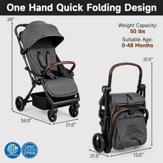 Lightweight Baby Stroller with One-Hand Folding and Adjustable Canopy for Toddlers-Gray