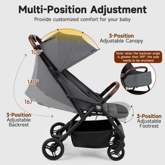 Lightweight Baby Stroller with One-Hand Folding and Adjustable Canopy for Toddlers-Gray