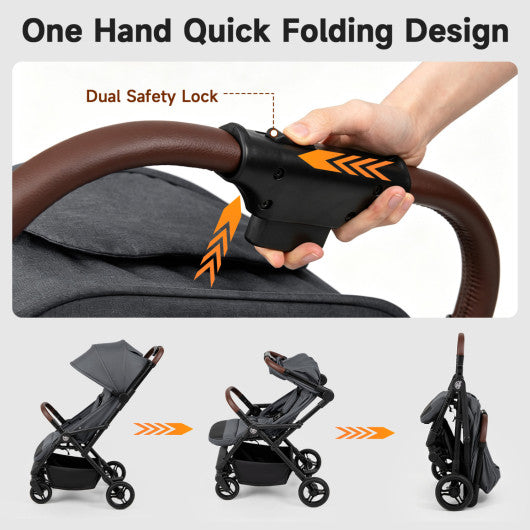 Lightweight Baby Stroller with One-Hand Folding and Adjustable Canopy for Toddlers-Gray