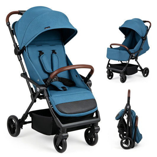 Lightweight Baby Stroller with One-Hand Folding and Adjustable Canopy for Toddlers-Blue