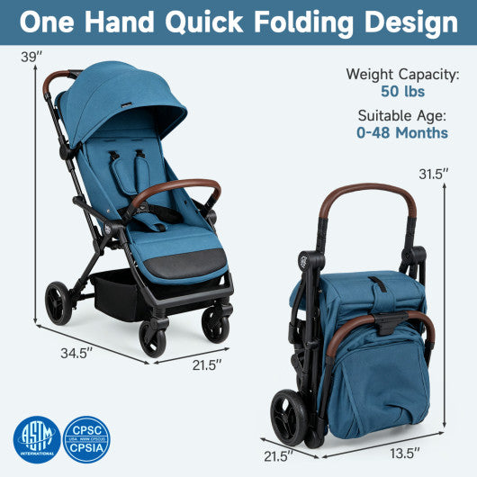 Lightweight Baby Stroller with One-Hand Folding and Adjustable Canopy for Toddlers-Blue
