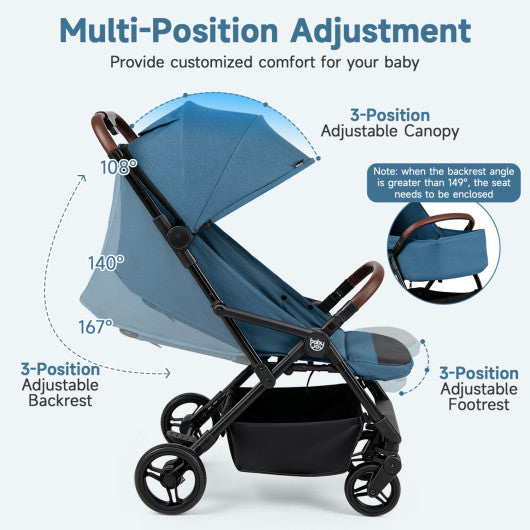 Lightweight Baby Stroller with One-Hand Folding and Adjustable Canopy for Toddlers-Blue