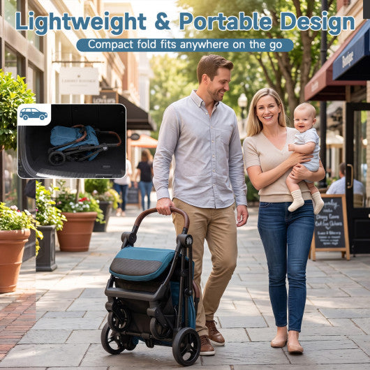 Lightweight Baby Stroller with One-Hand Folding and Adjustable Canopy for Toddlers-Blue
