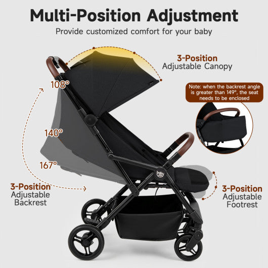 Lightweight Baby Stroller with One-Hand Folding and Adjustable Canopy for Toddlers-Black