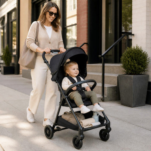 Lightweight Travel Stroller with Canopy and Under-Seat Basket for Baby and Toddler-Black
