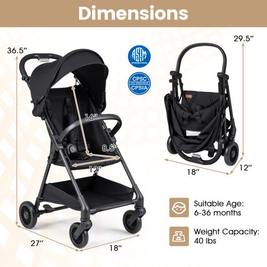 Lightweight Travel Stroller with Canopy and Under-Seat Basket for Baby and Toddler-Black