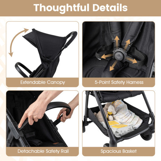 Lightweight Travel Stroller with Canopy and Under-Seat Basket for Baby and Toddler-Black