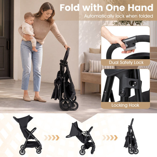 Lightweight Travel Stroller with Canopy and Under-Seat Basket for Baby and Toddler-Black