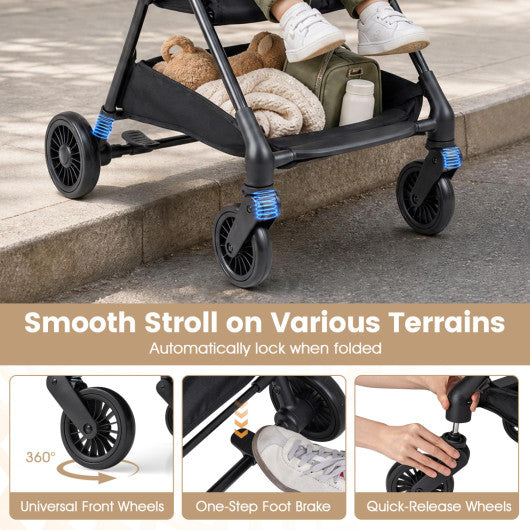 Lightweight Travel Stroller with Canopy and Under-Seat Basket for Baby and Toddler-Black
