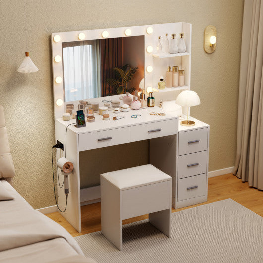 Makeup Table and Stool Set with Hair Dryer Stand-White