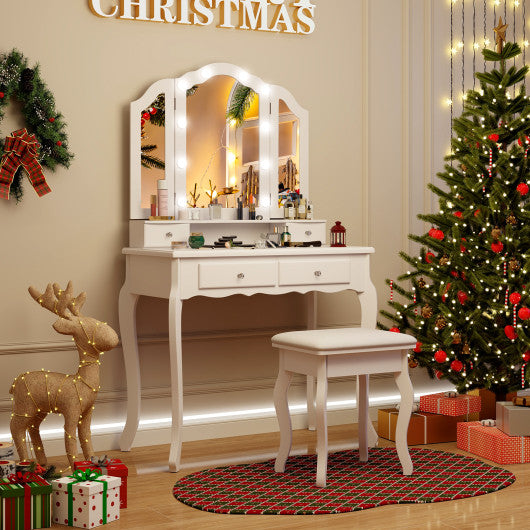 Makeup Vanity Table Set with Lighted Mirror and Drawers-White