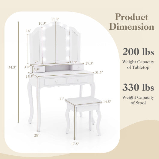 Makeup Vanity Table Set with Lighted Mirror and Drawers-White