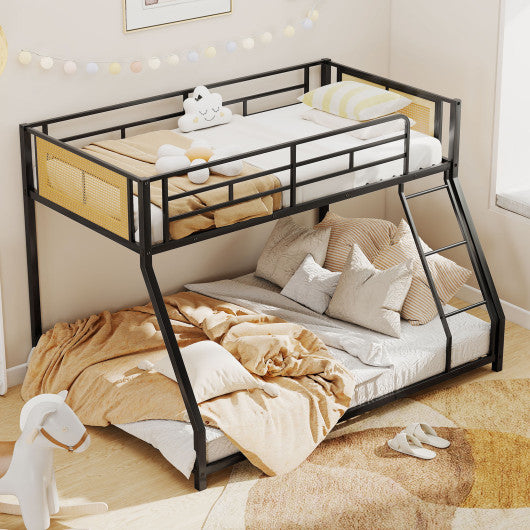 Metal Bunk Bed Twin Over Full with Full Length Safety Guardrail and Ramp Ladder-Black