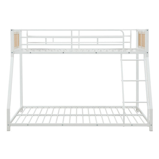 Metal Bunk Bed Twin Over Full with Full Length Safety Guardrail and Ramp Ladder-White