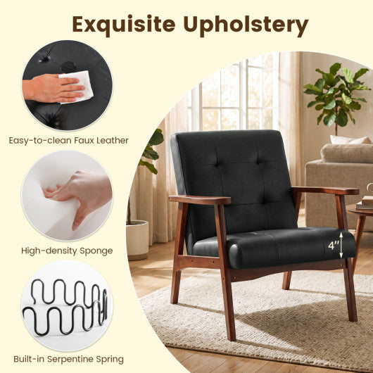 Mid Century Accent Chair with Solid Rubber Wood Frame and Leather Cover-Black