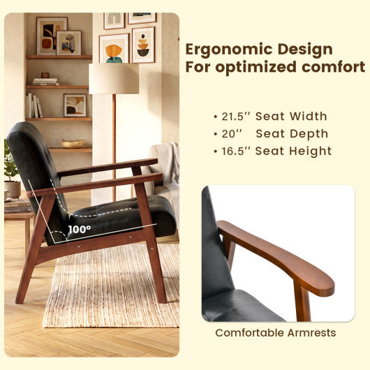 Mid Century Accent Chair with Solid Rubber Wood Frame and Leather Cover-Black