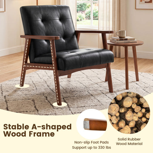 Mid Century Accent Chair with Solid Rubber Wood Frame and Leather Cover-Black