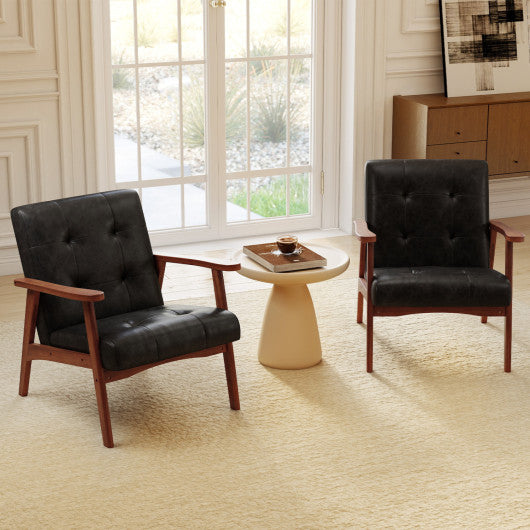 Mid Century Accent Chair with Solid Rubber Wood Frame and Leather Cover-Black