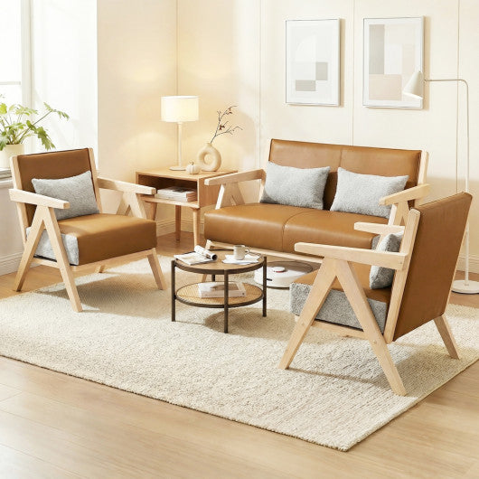 Mid-Century Modern Accent Chair Artificial Leather Sofa Chair with Rubber Wood Frame-Brown