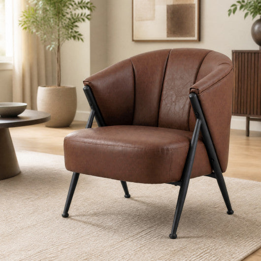 Mid Century Modern Accent Chair with Curved Backrest and Wide Seat Comfy Armchair-Brown