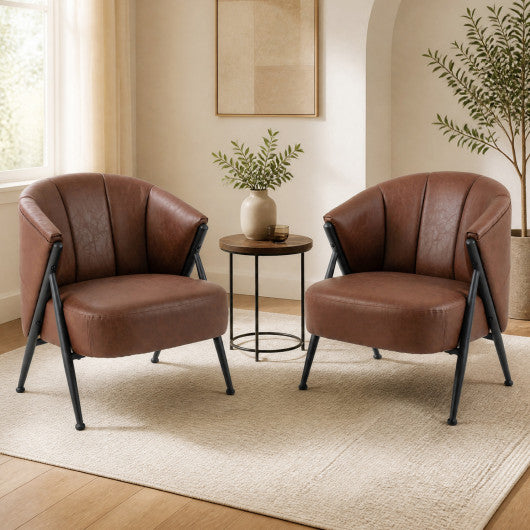 Mid Century Modern Accent Chair with Curved Backrest and Wide Seat Comfy Armchair-Brown