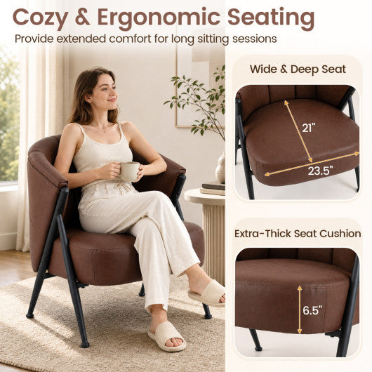 Mid Century Modern Accent Chair with Curved Backrest and Wide Seat Comfy Armchair-Brown