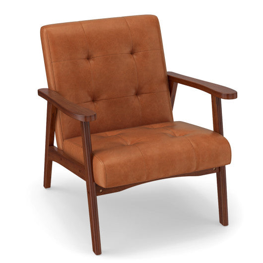 Mid Century Modern Accent Chair with Solid Rubber Wood Frame and Leather Cover-Brown