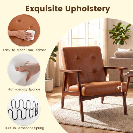 Mid Century Modern Accent Chair with Solid Rubber Wood Frame and Leather Cover-Brown