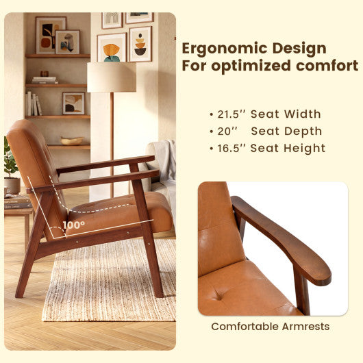 Mid Century Modern Accent Chair with Solid Rubber Wood Frame and Leather Cover-Brown